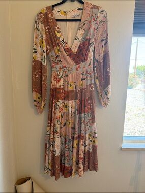 Fate Floral Patchwork V-Neck Midi Dress in Dusty Rose, Cream, and Mustard